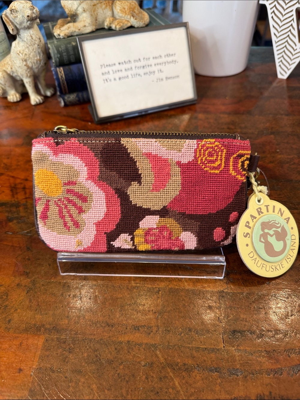 Spartina 449 Pink and Brown Floral Needlepoint Wristlet